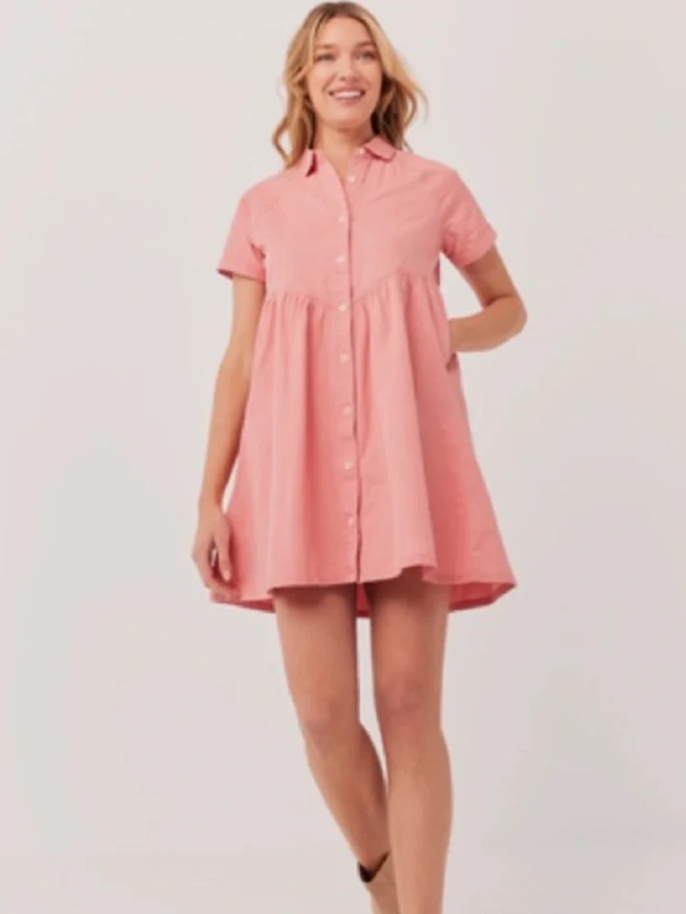 Pact 100% Organic Cotton Chambray Denim Short Sleeve Shirt Dress Small Sand Pink - Picture 1 of 9